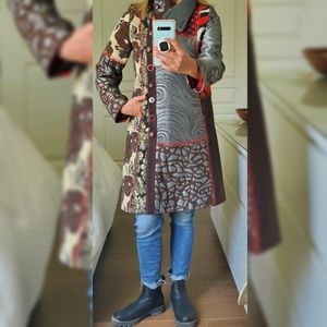 Desigual Multicolored Patchwork Coat With Geisha Embroidery.